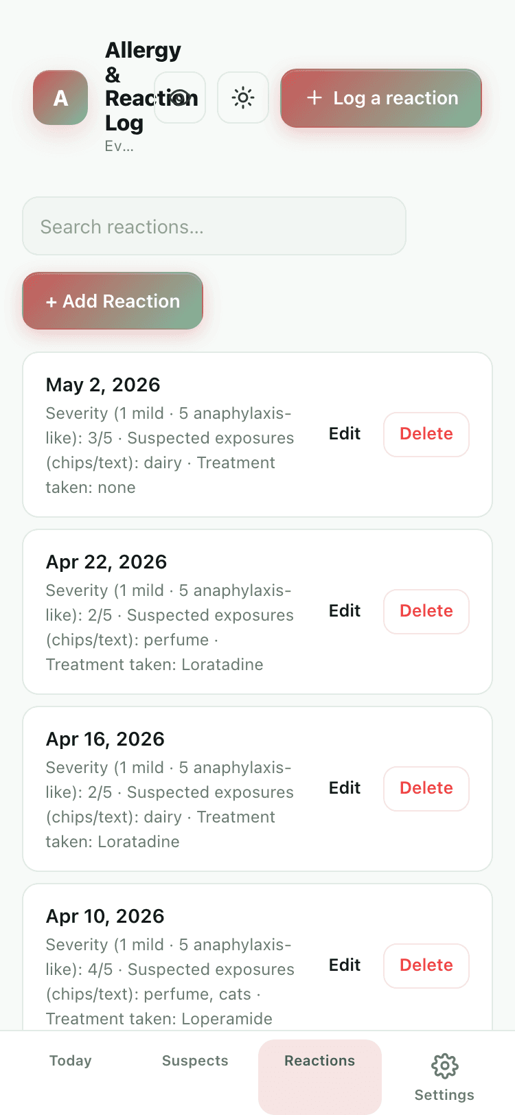 Reactions screen