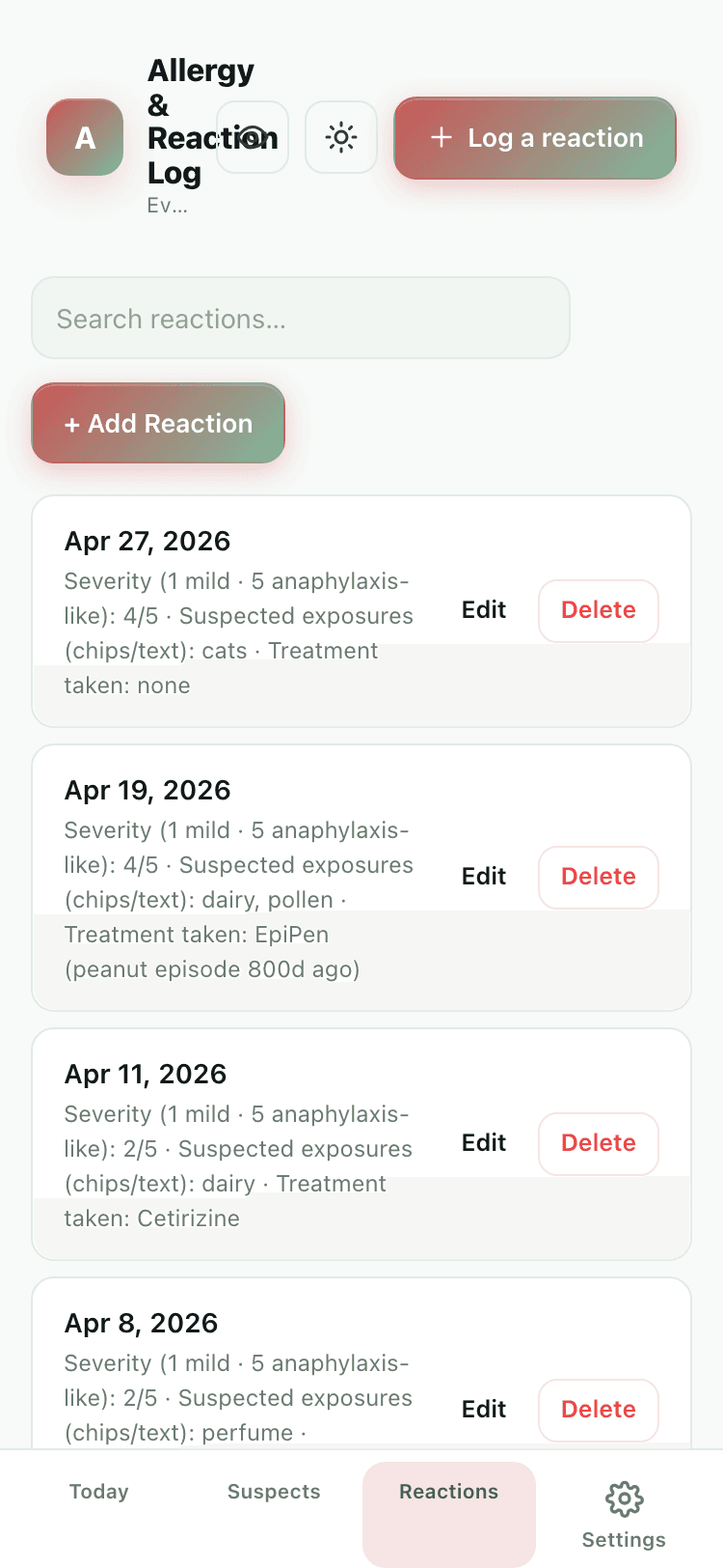 Reactions screen