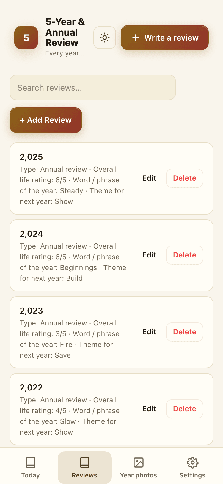 Reviews screen