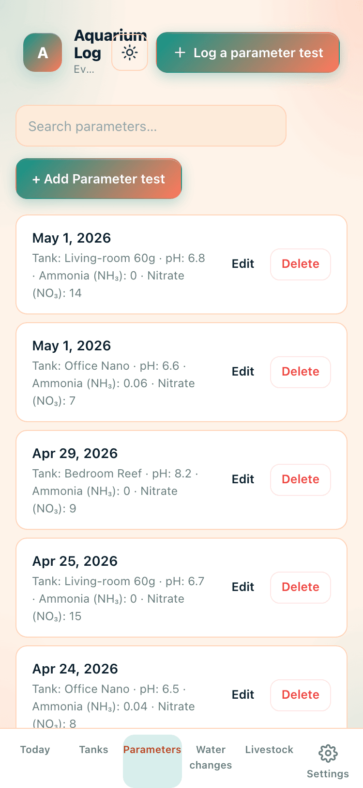 Parameters screen