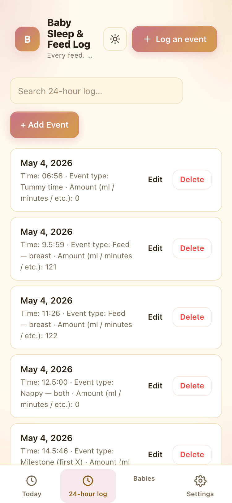 24-hour log screen