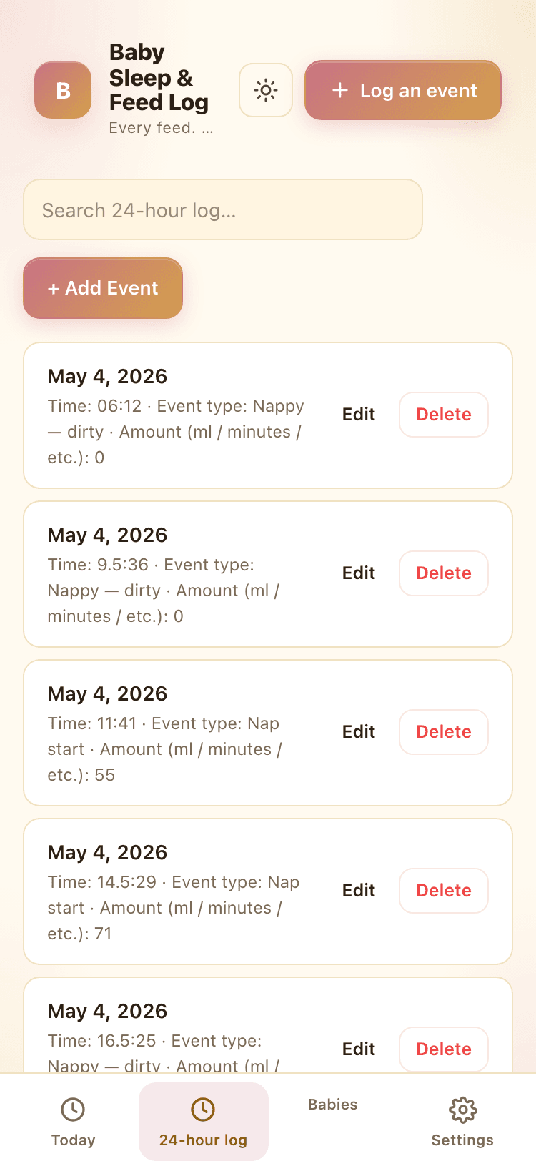 24-hour log screen
