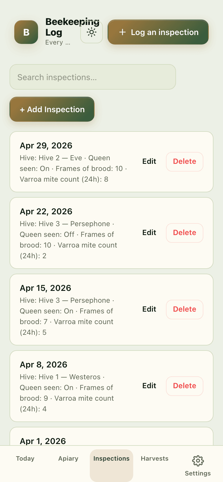 Inspections screen