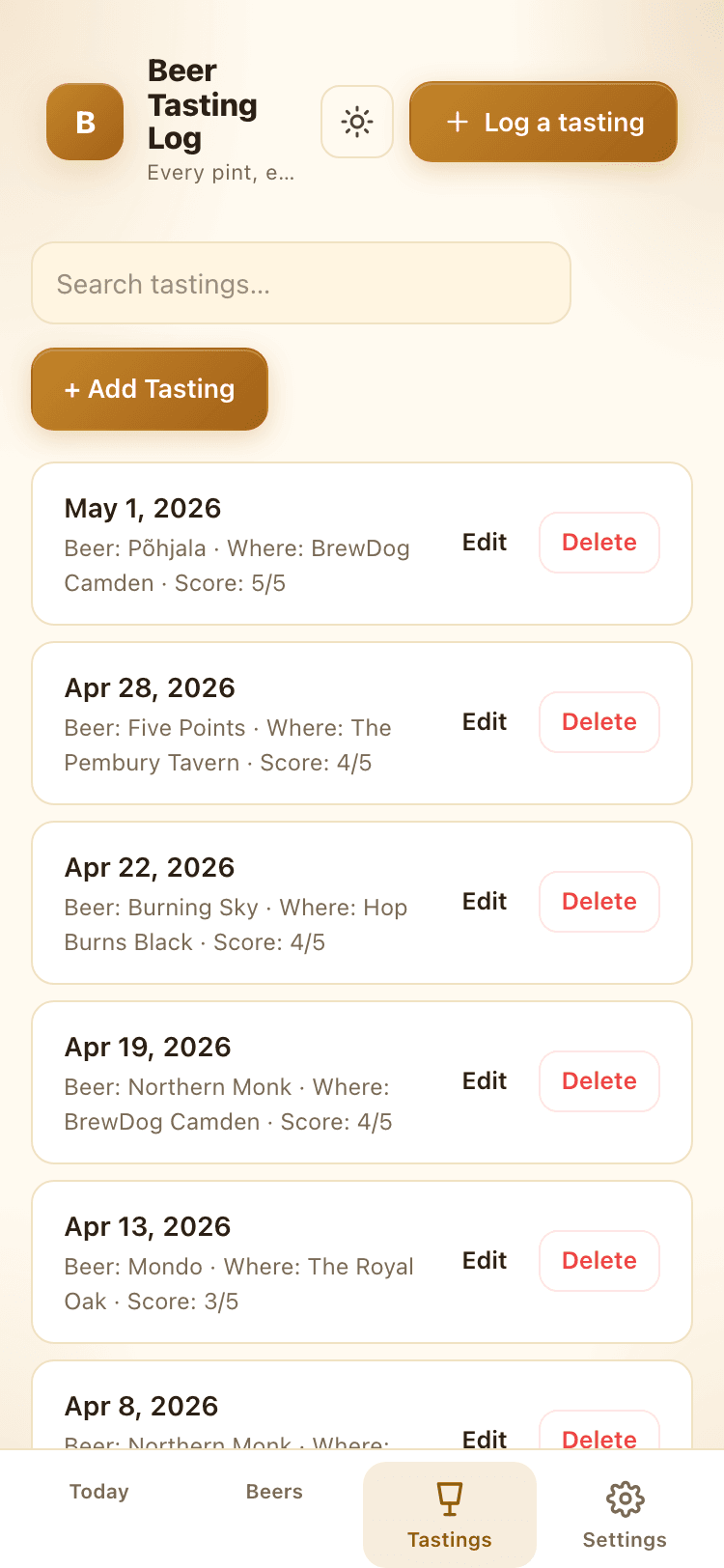 Tastings screen