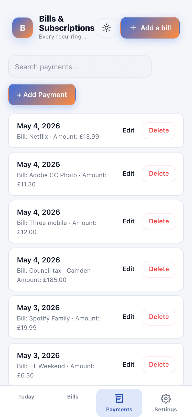 Payments screen