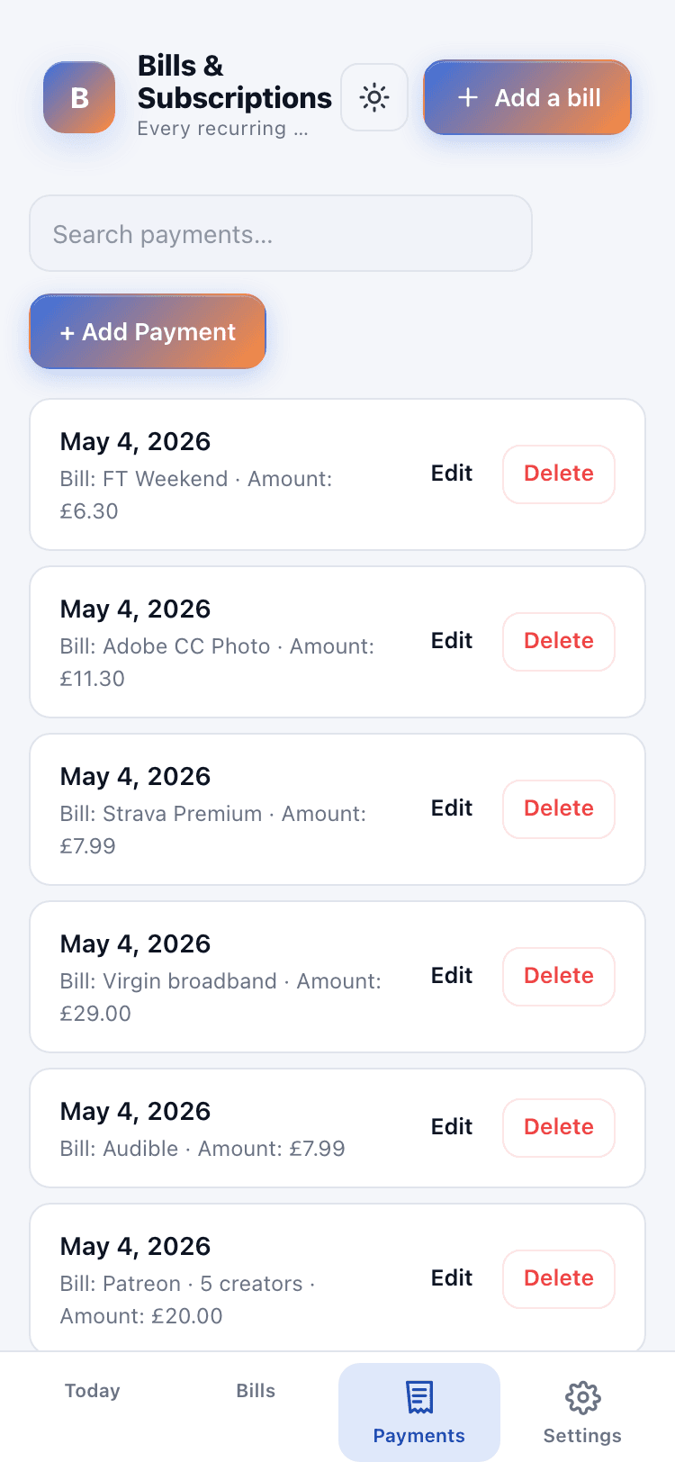 Payments screen