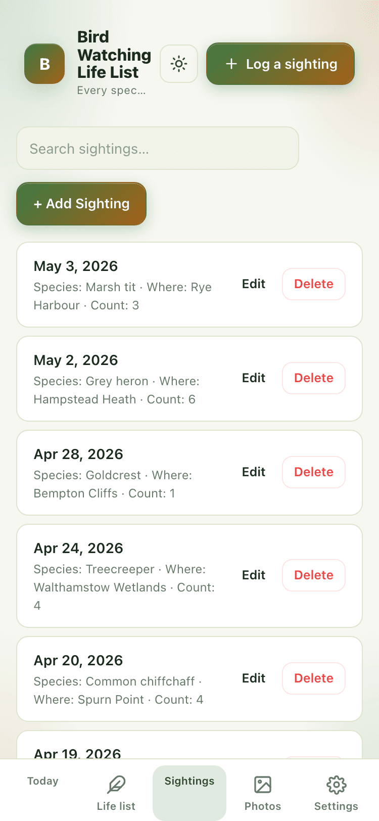 Sightings screen