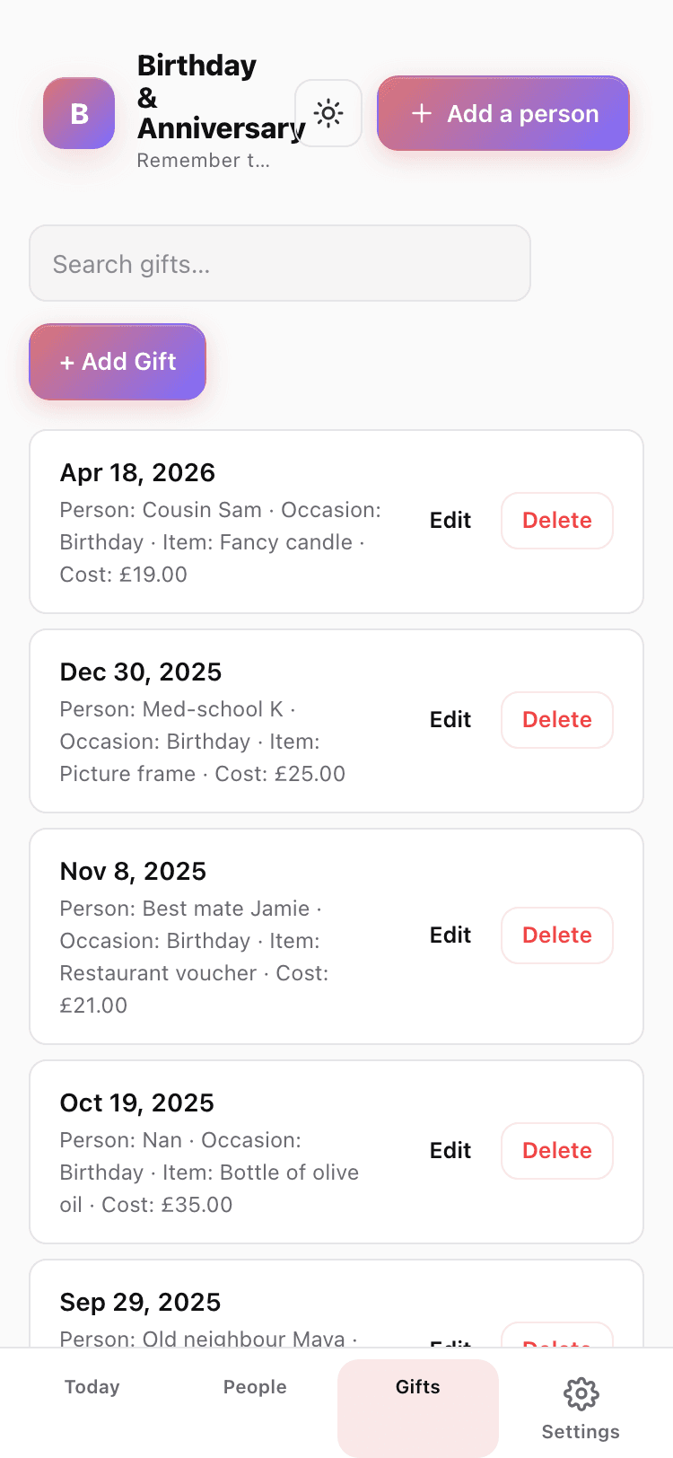 Gifts screen