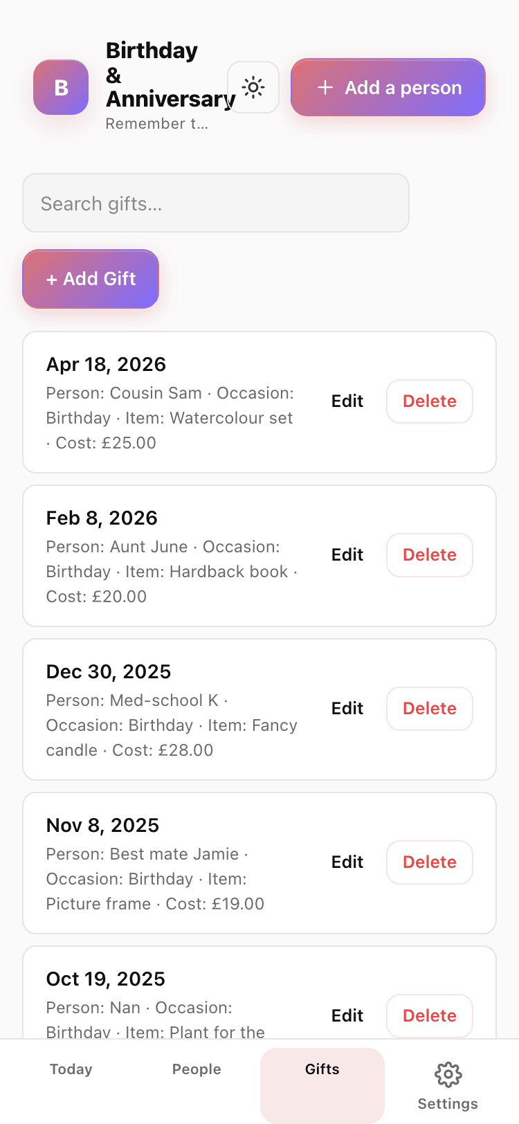 Gifts screen