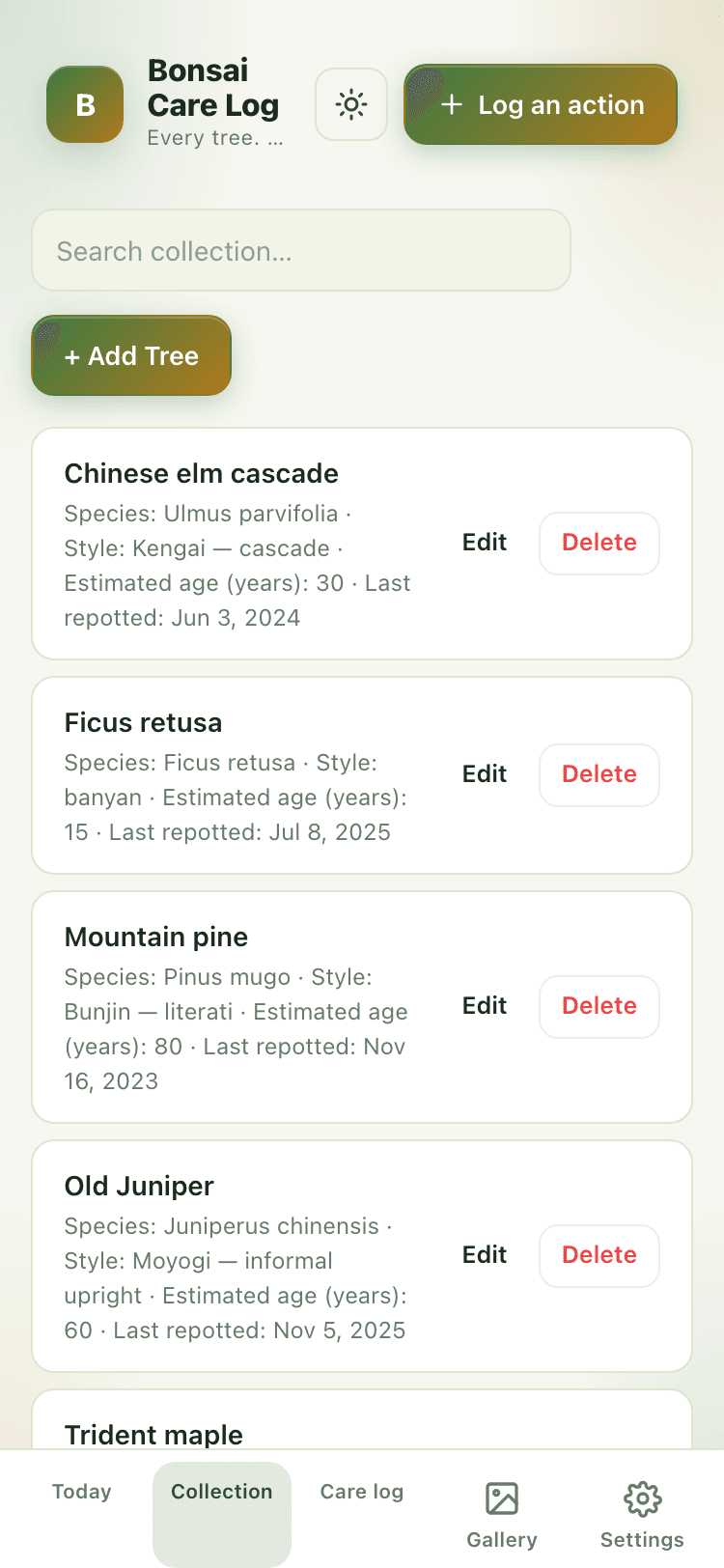 Collection screen