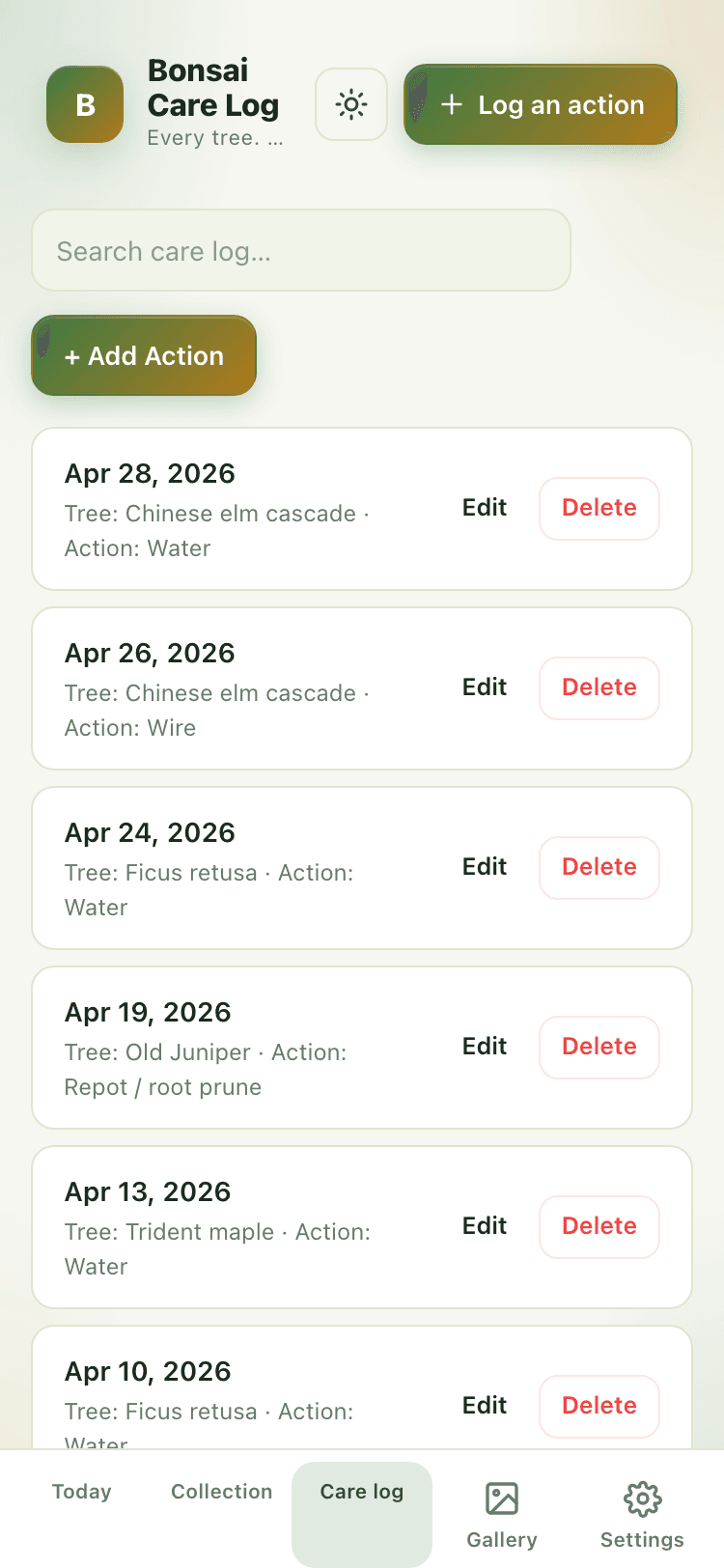 Care log screen