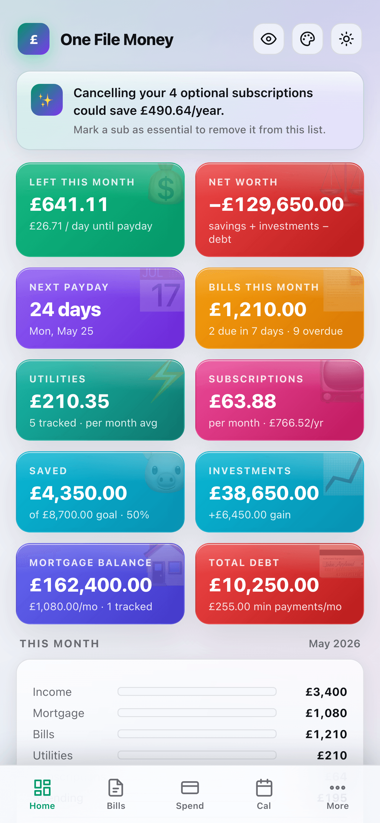 One File Money dashboard with net worth, payday, bills, savings, investments and debts