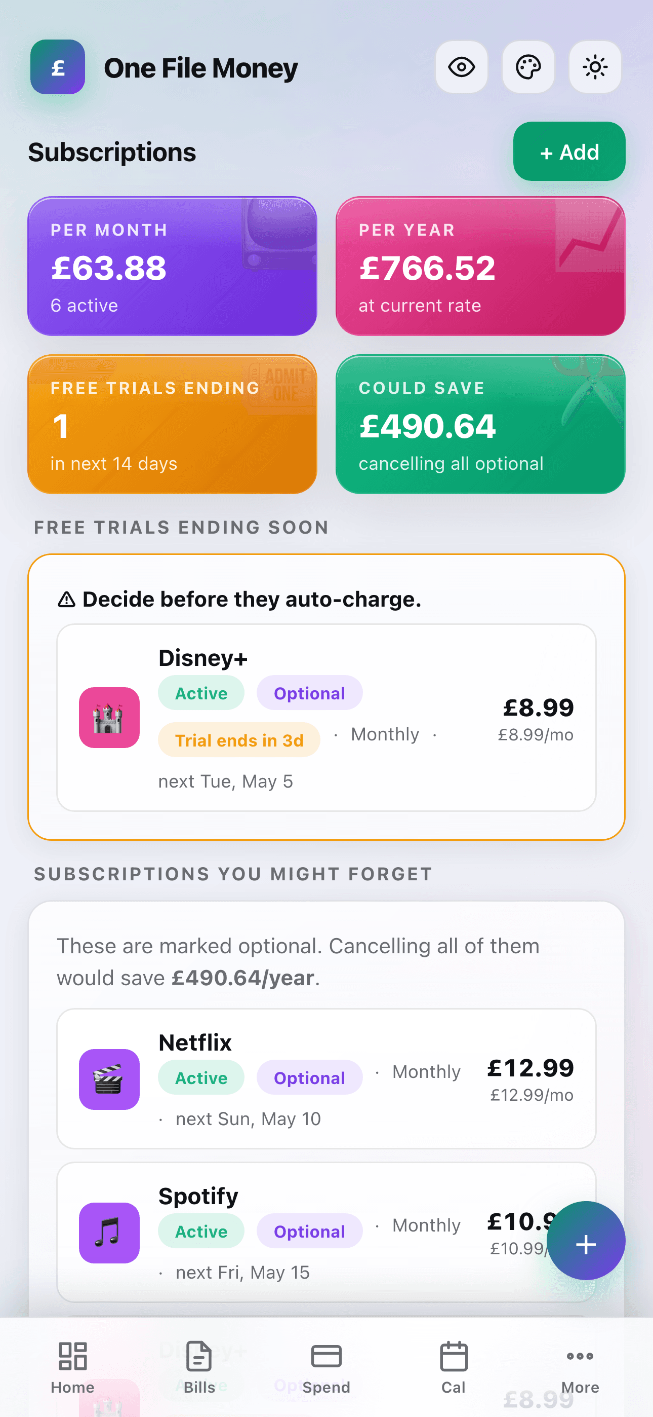 One File Money subscriptions audit — could save £490.64/year