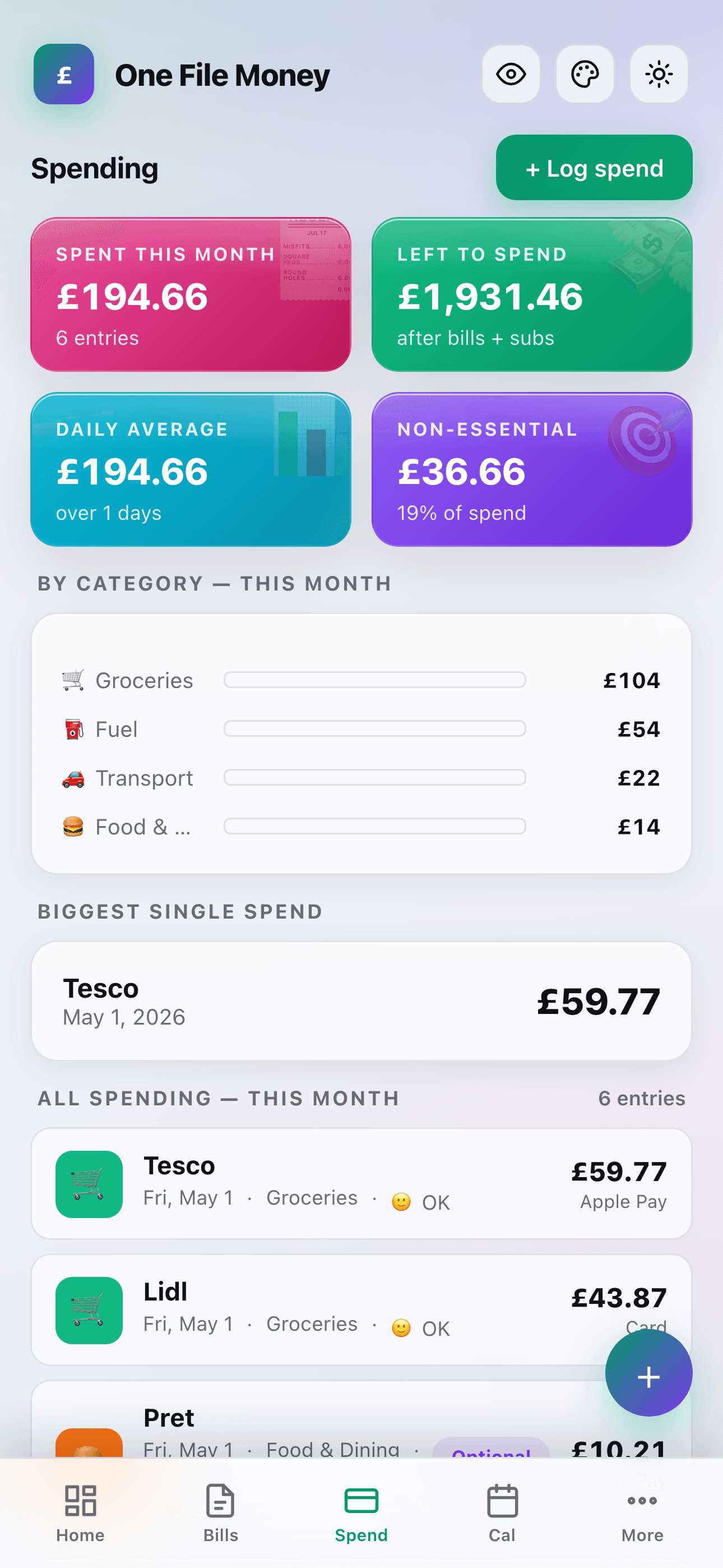 Spending screen with £194.66 spent this month, by-category breakdown, and recent transactions