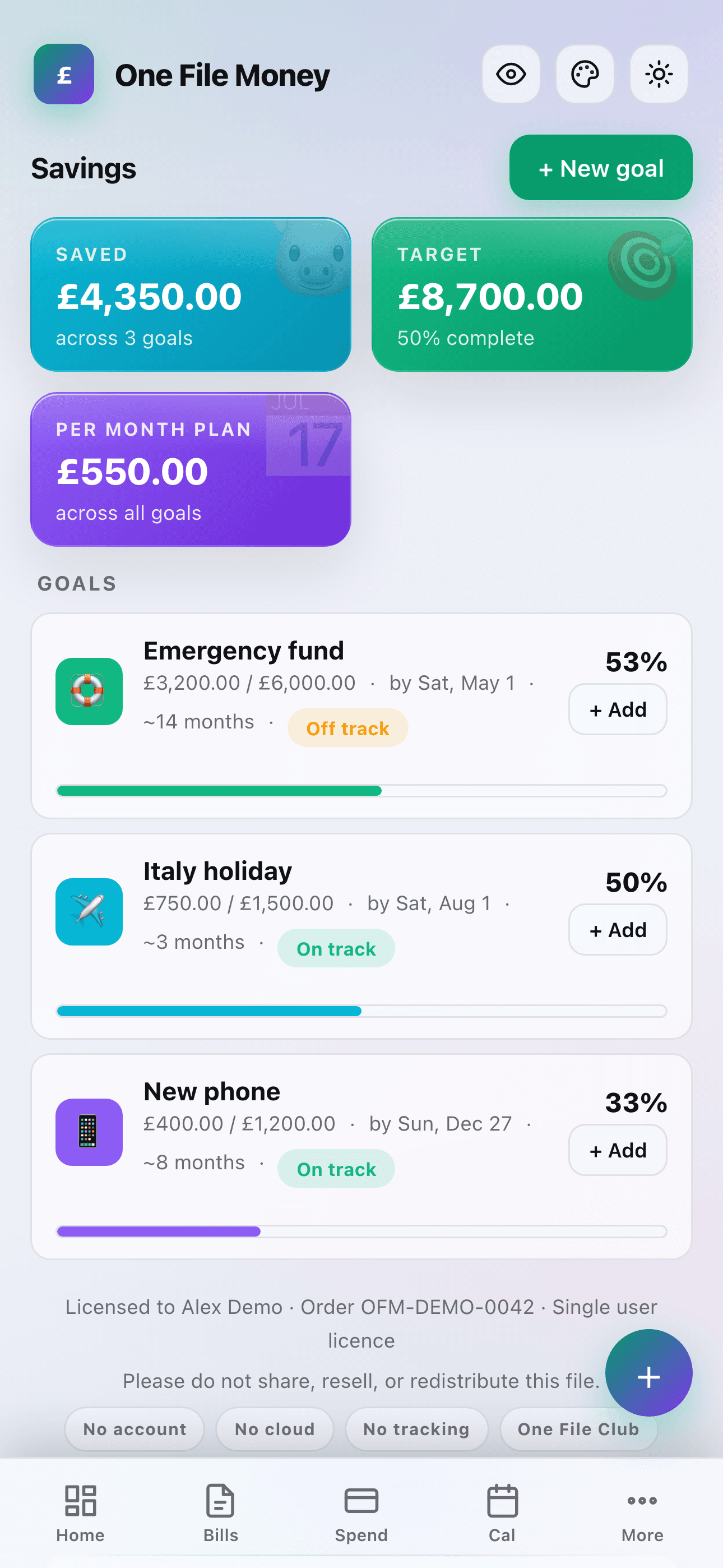 Savings screen with £4,350 saved, three goals: Emergency fund, Italy holiday, New phone