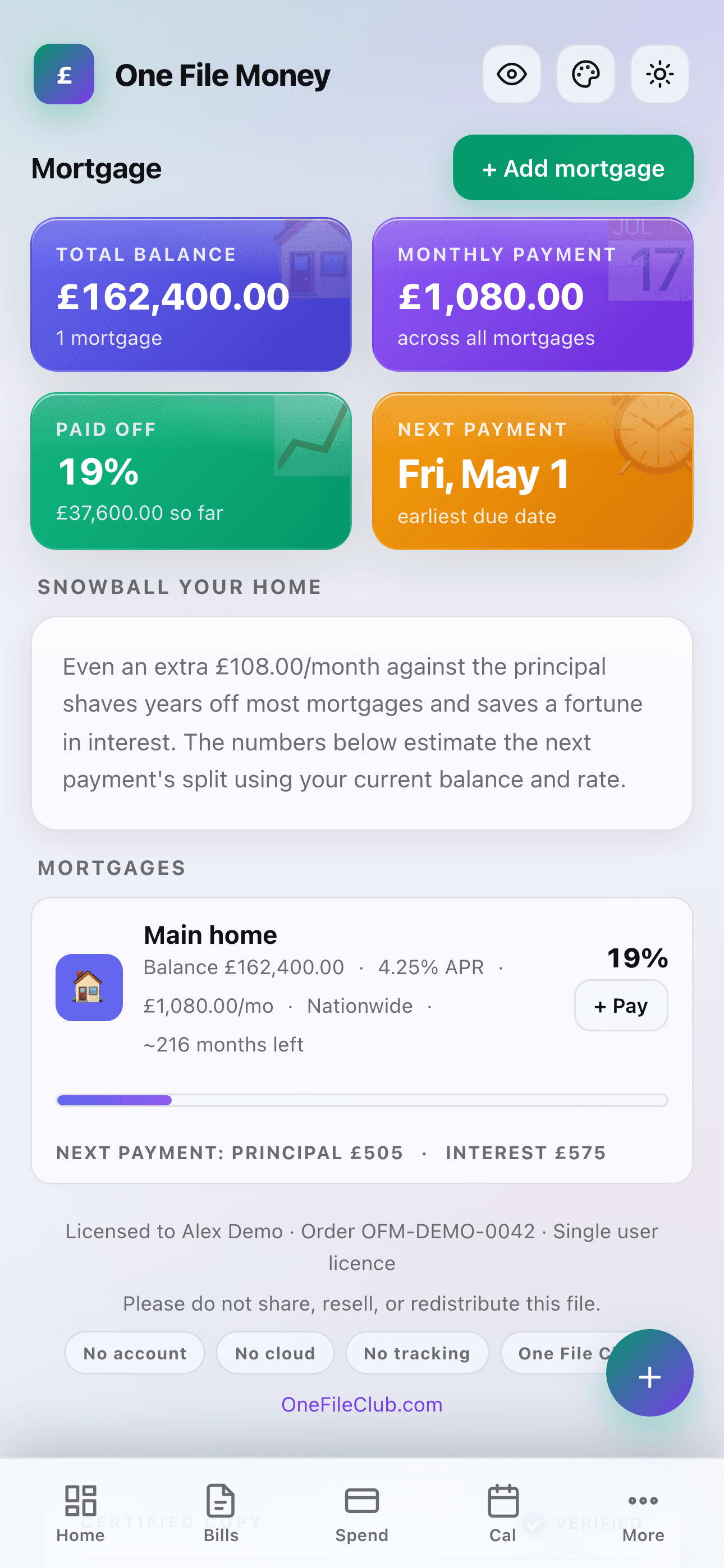 Mortgage screen with £162,400 balance, £1,080/mo payment