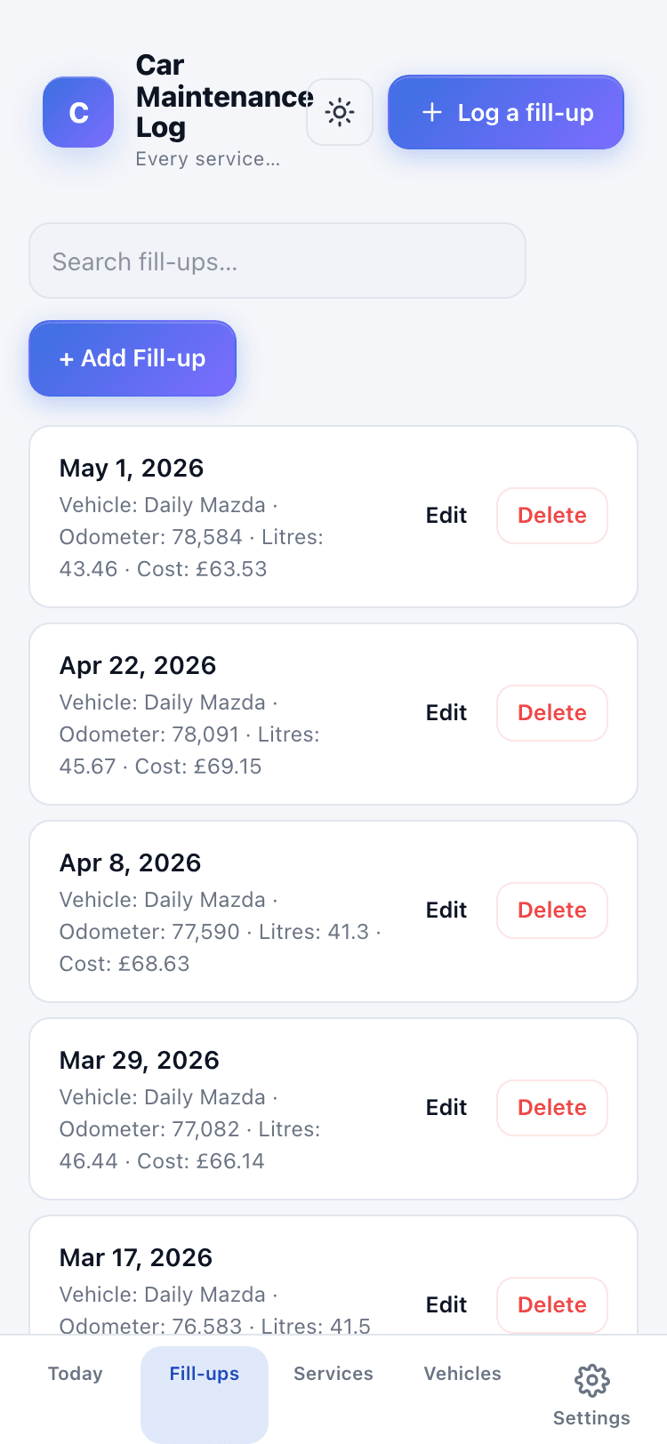 Fill-ups screen