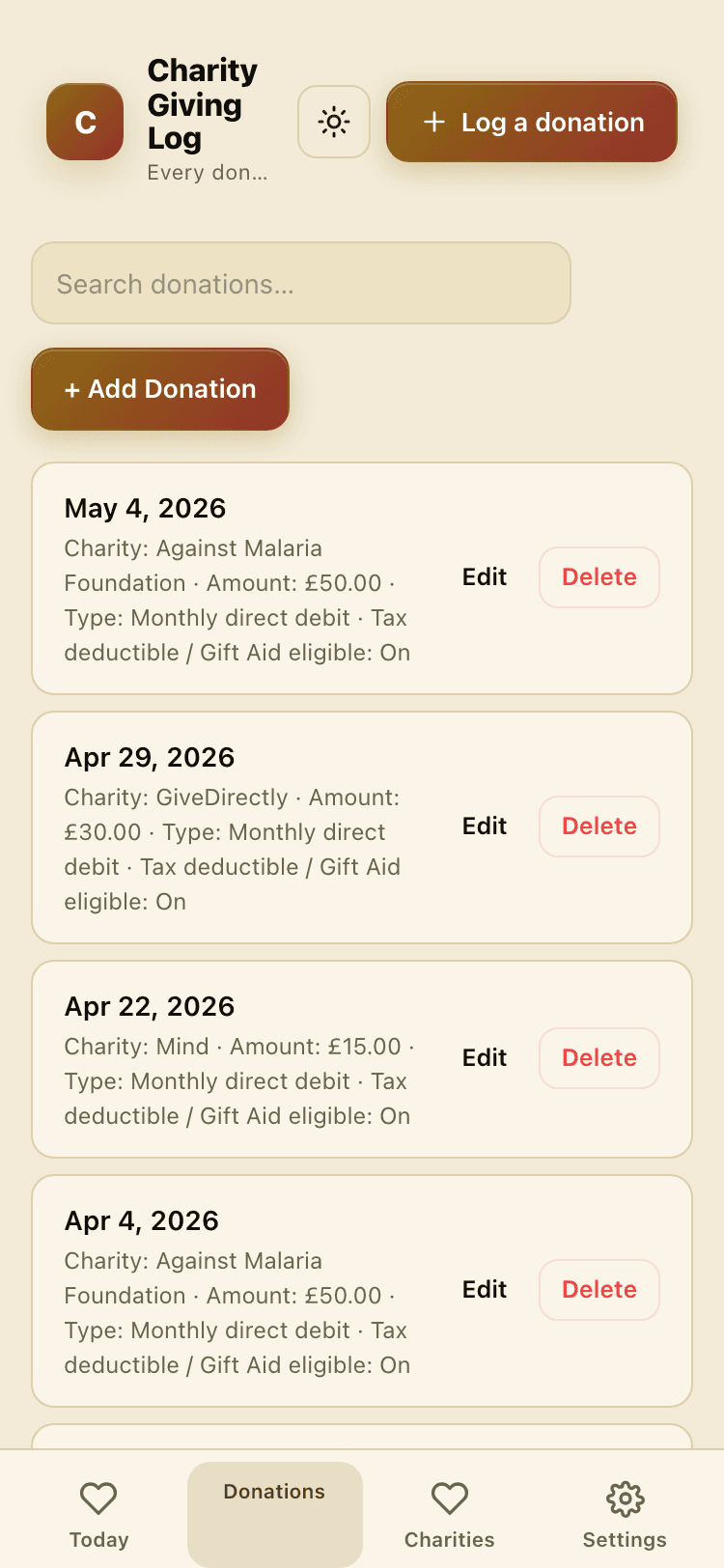 Donations screen