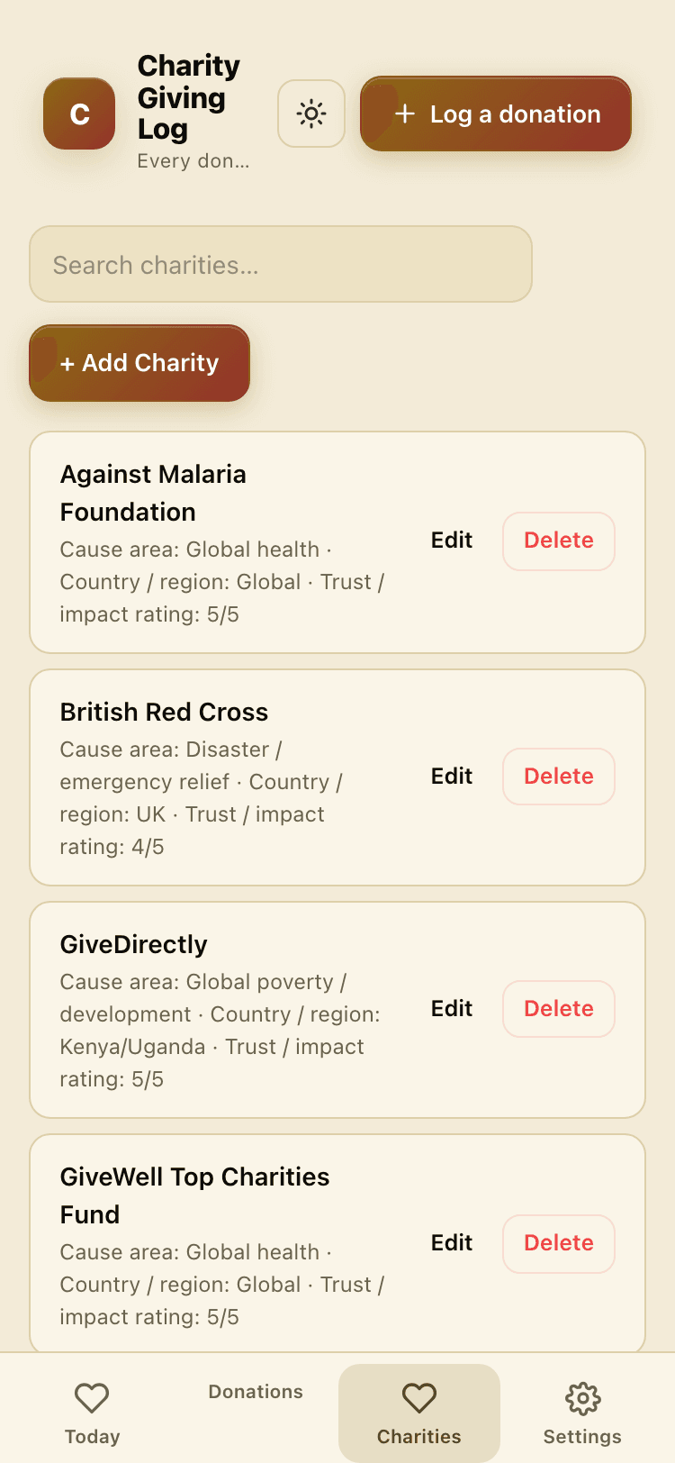 Charities screen