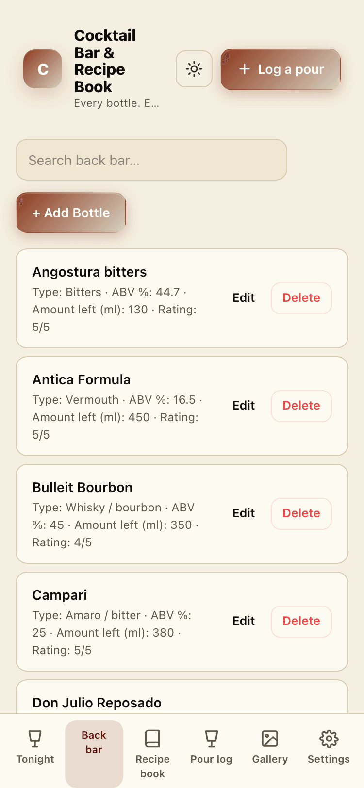 Back bar screen