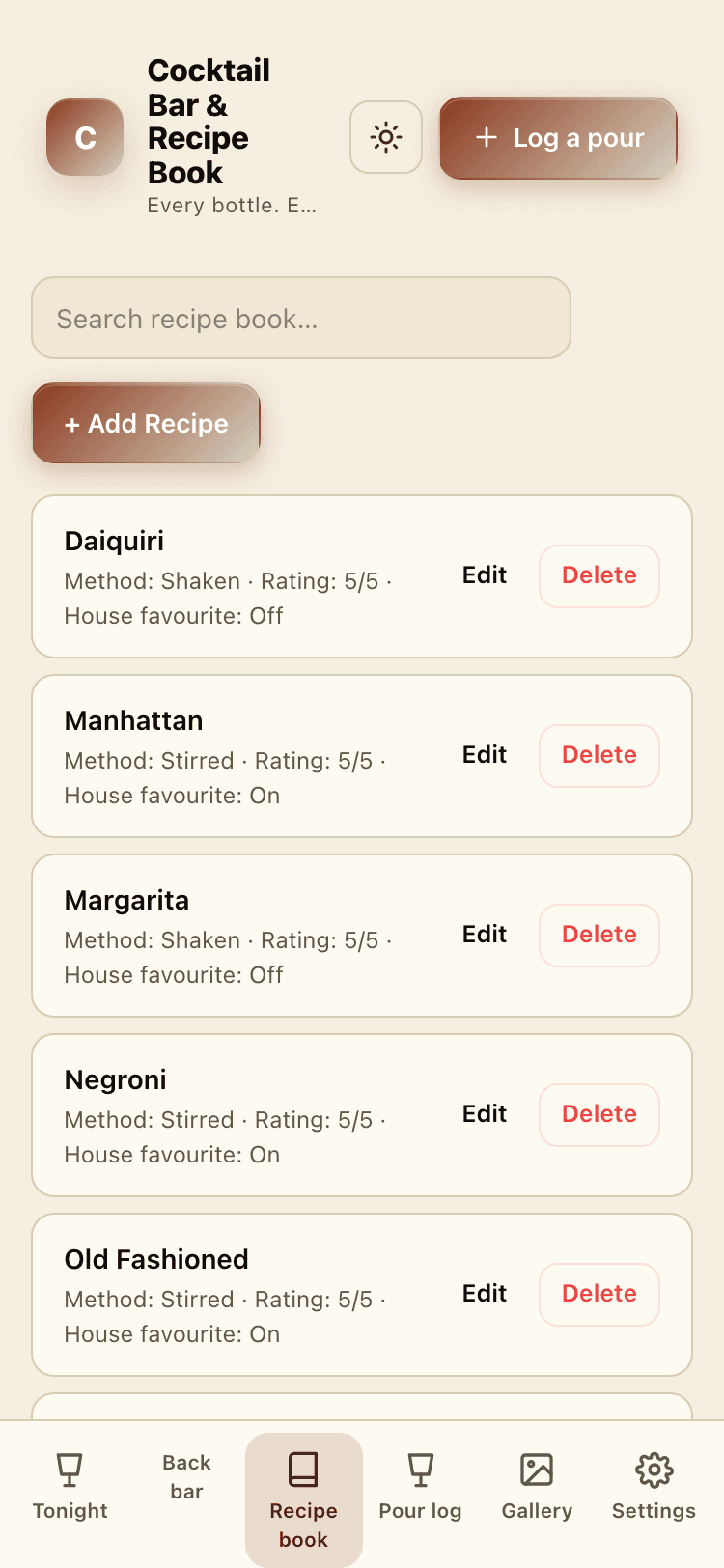 Recipe book screen