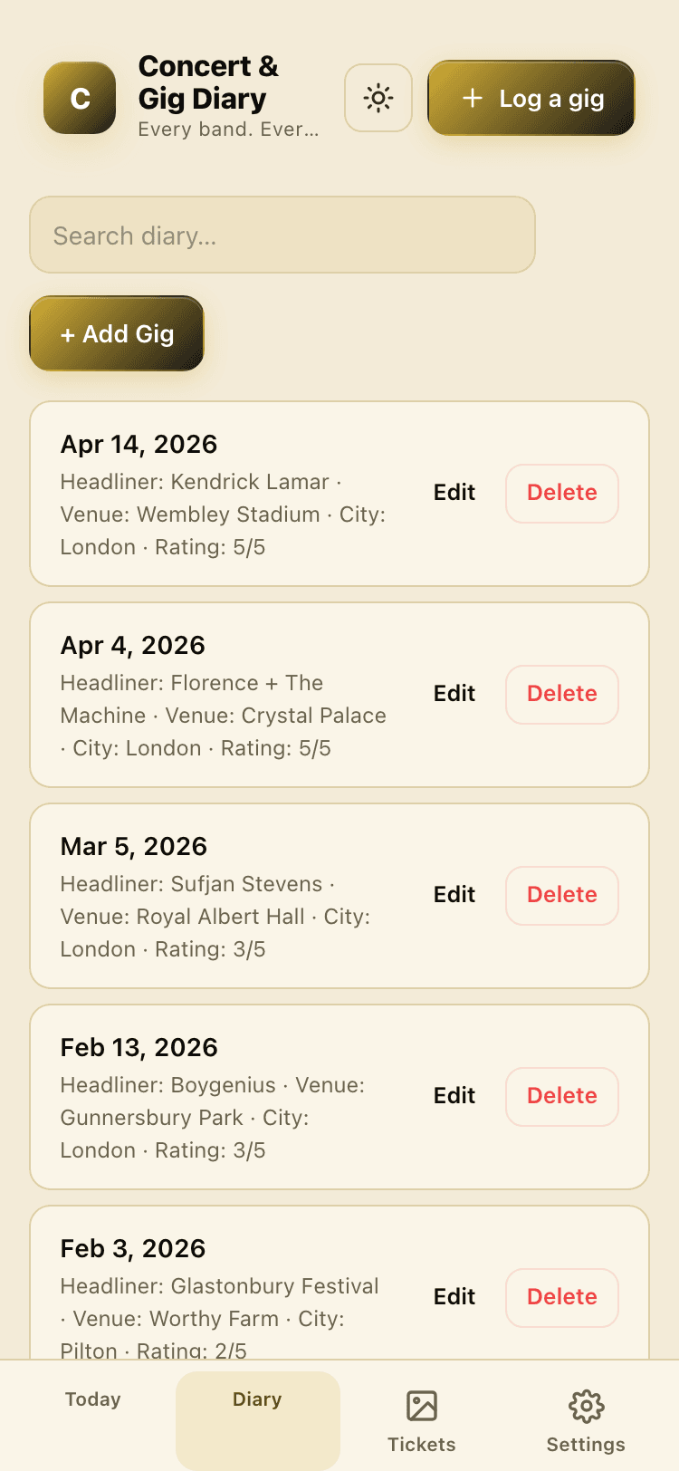 Diary screen