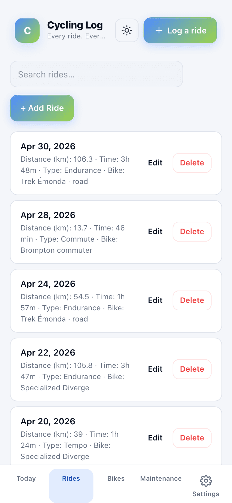 Rides screen