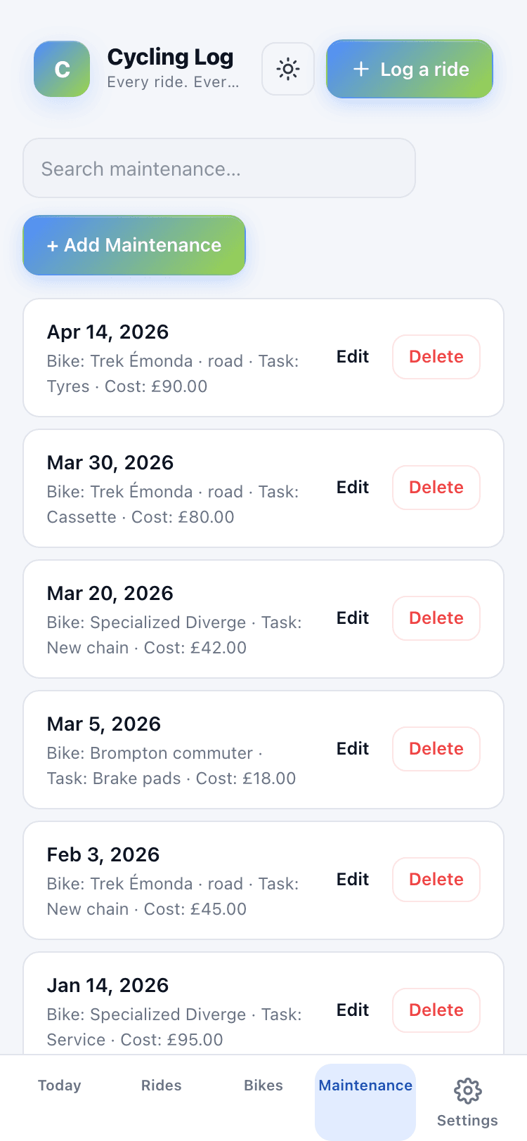 Maintenance screen