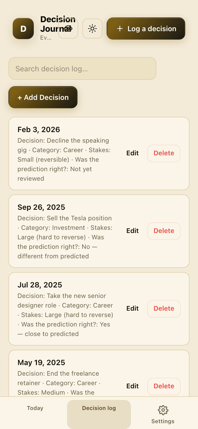 Decision log screen