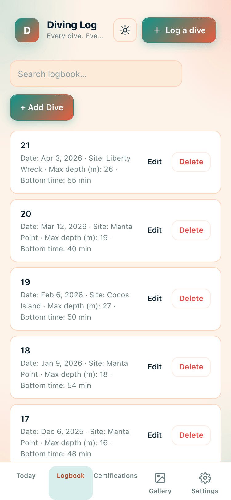 Logbook screen