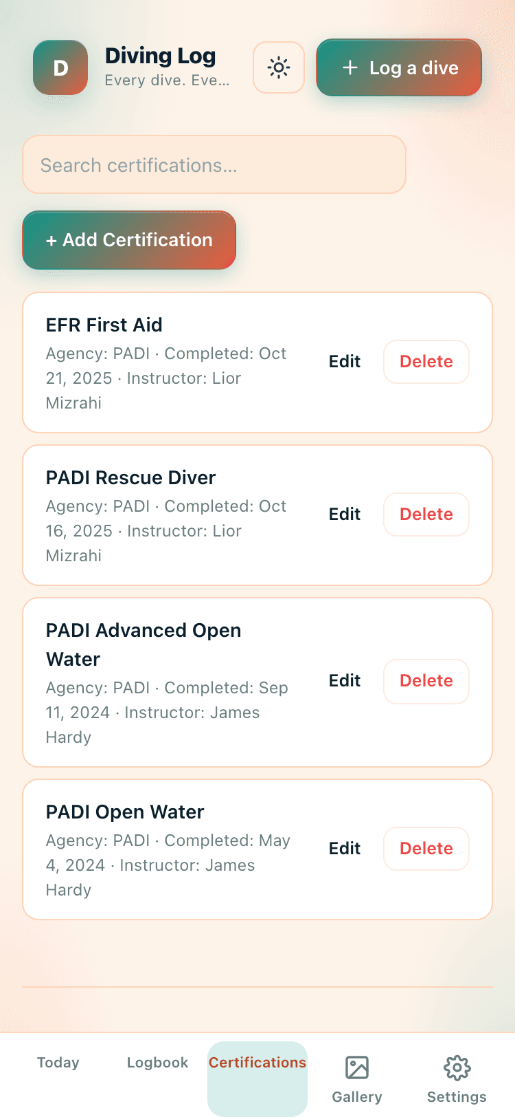 Certifications screen