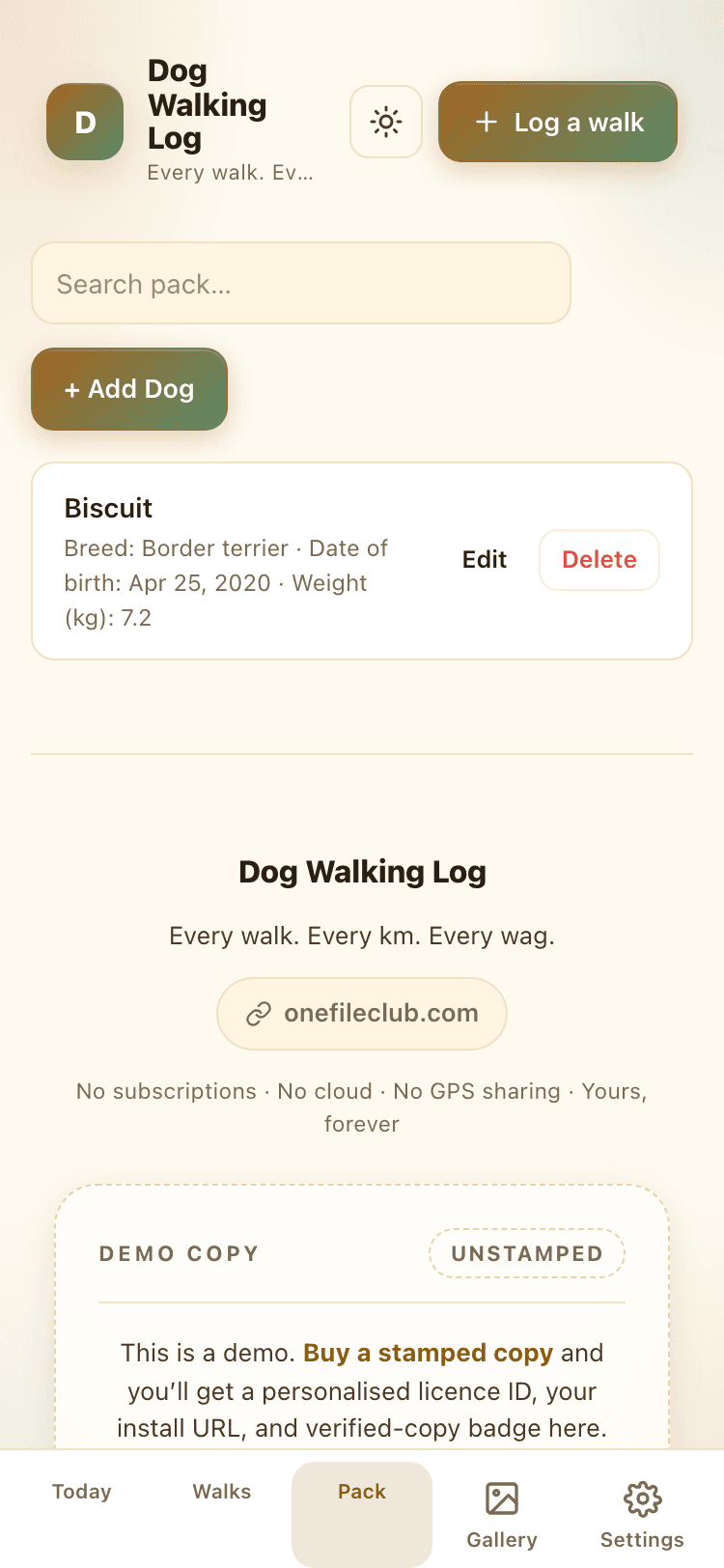 Pack screen