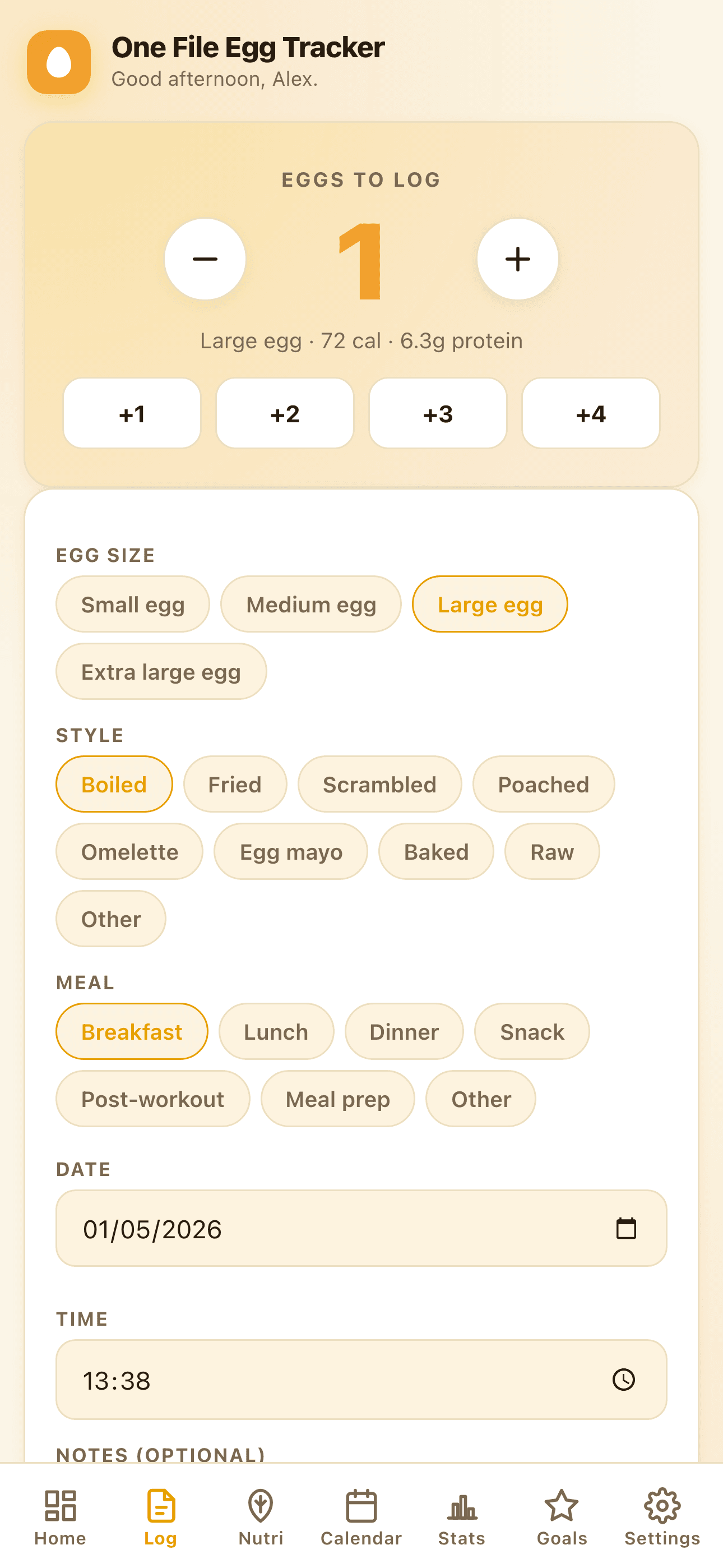 Egg log screen with +1/+2/+3/+4 quick buttons and size, style, meal selectors