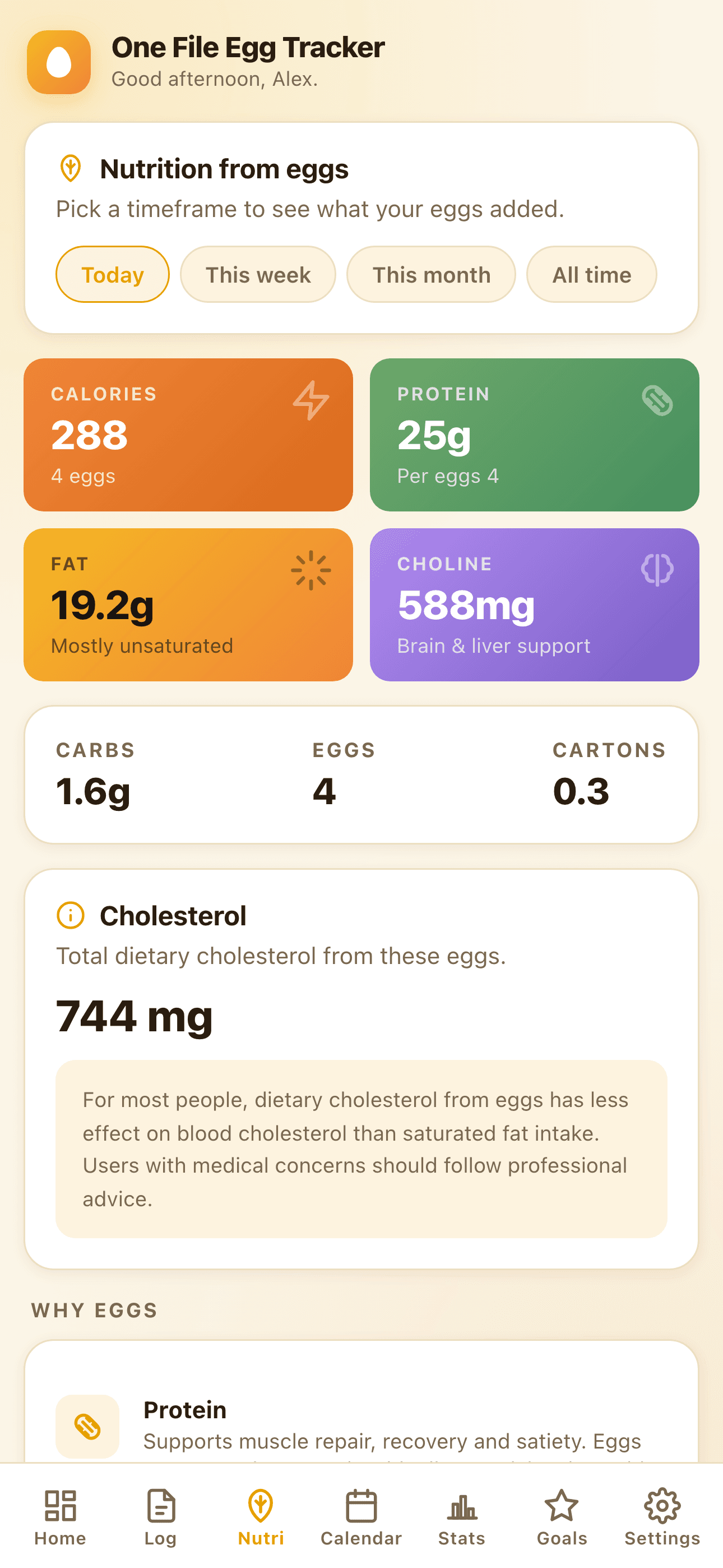 One File Egg Tracker nutrition view — 288 calories and 25g protein from 4 eggs