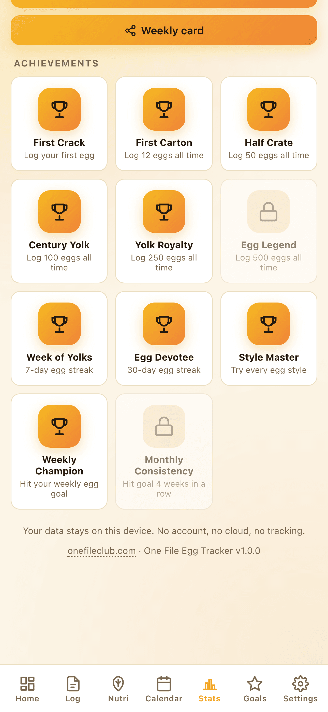 Badges screen with First Crack, Century Yolk, Egg Legend and other achievements