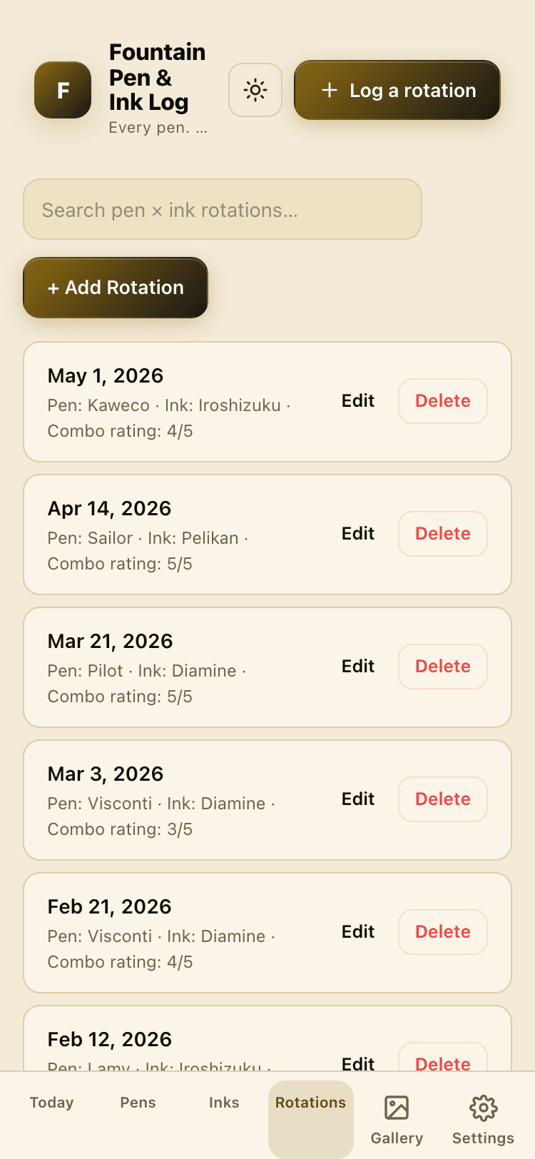 Rotations screen