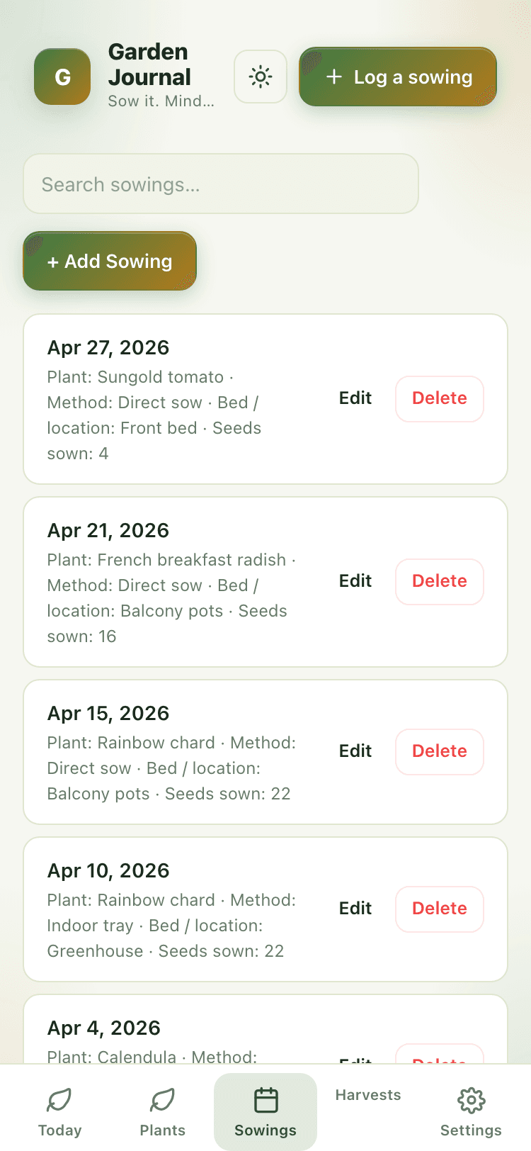 Sowings screen