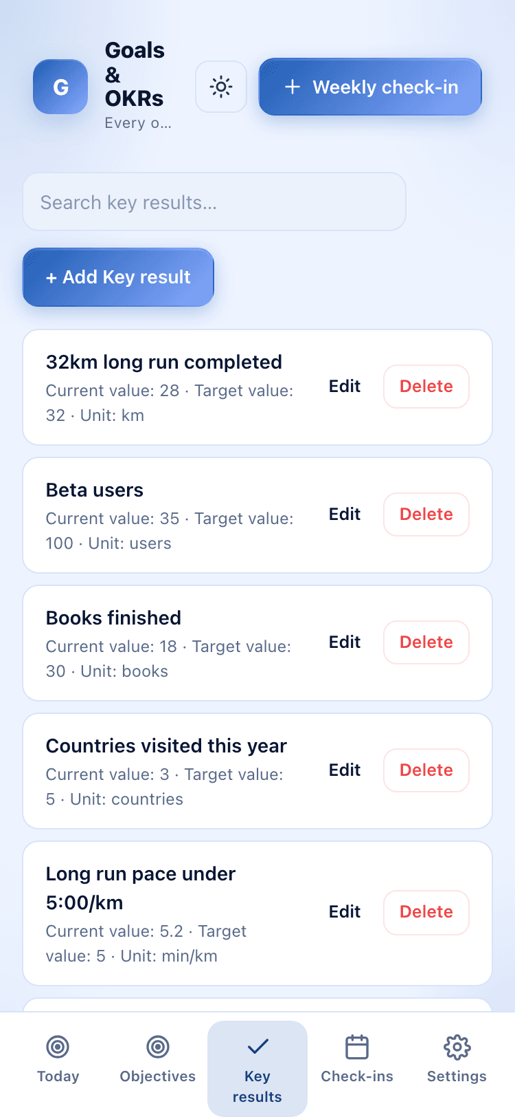 Key results screen