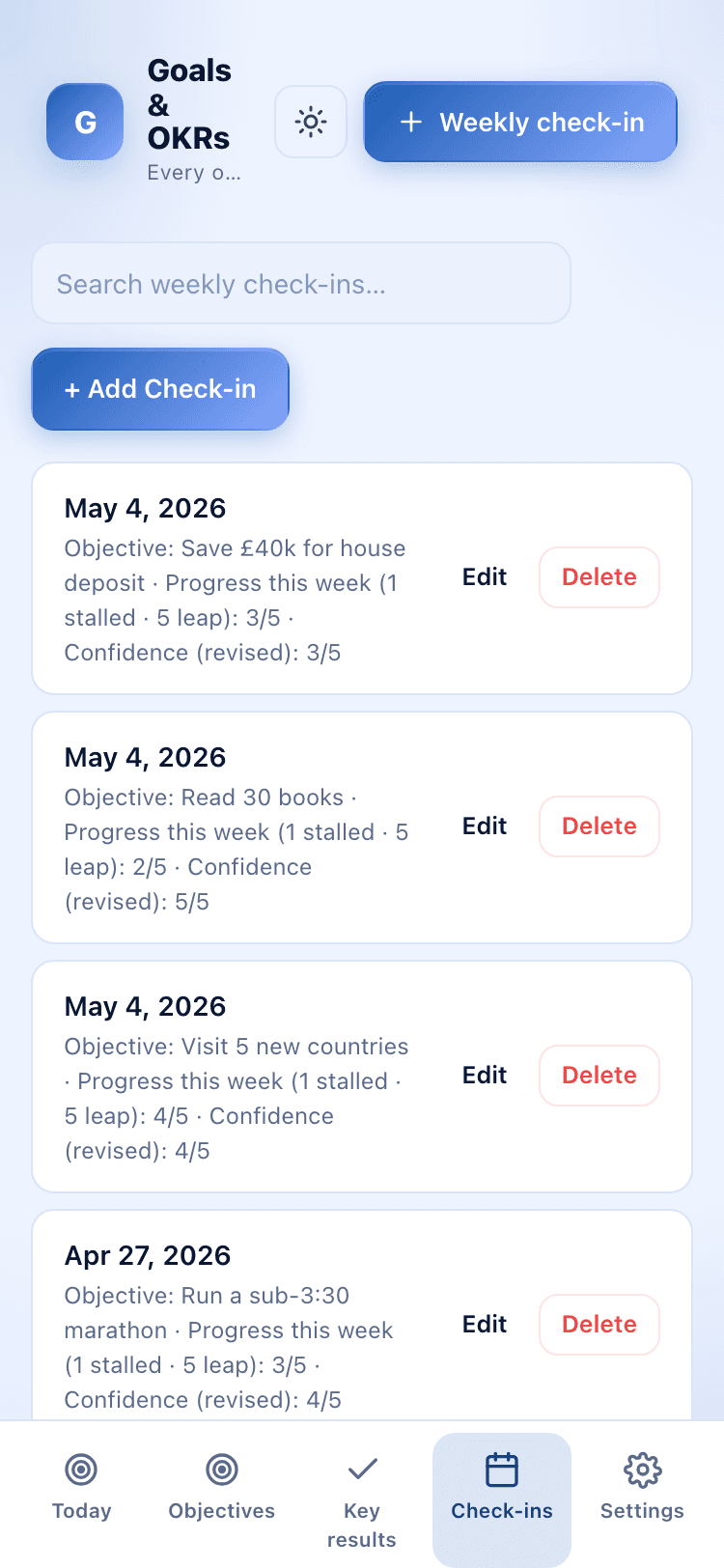 Check-ins screen