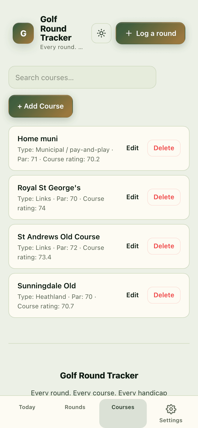 Courses screen