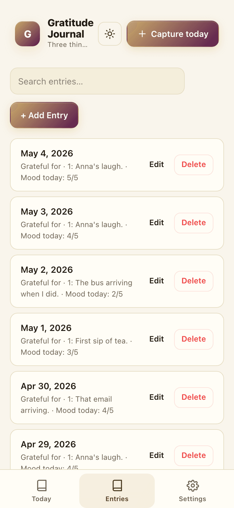 Entries screen
