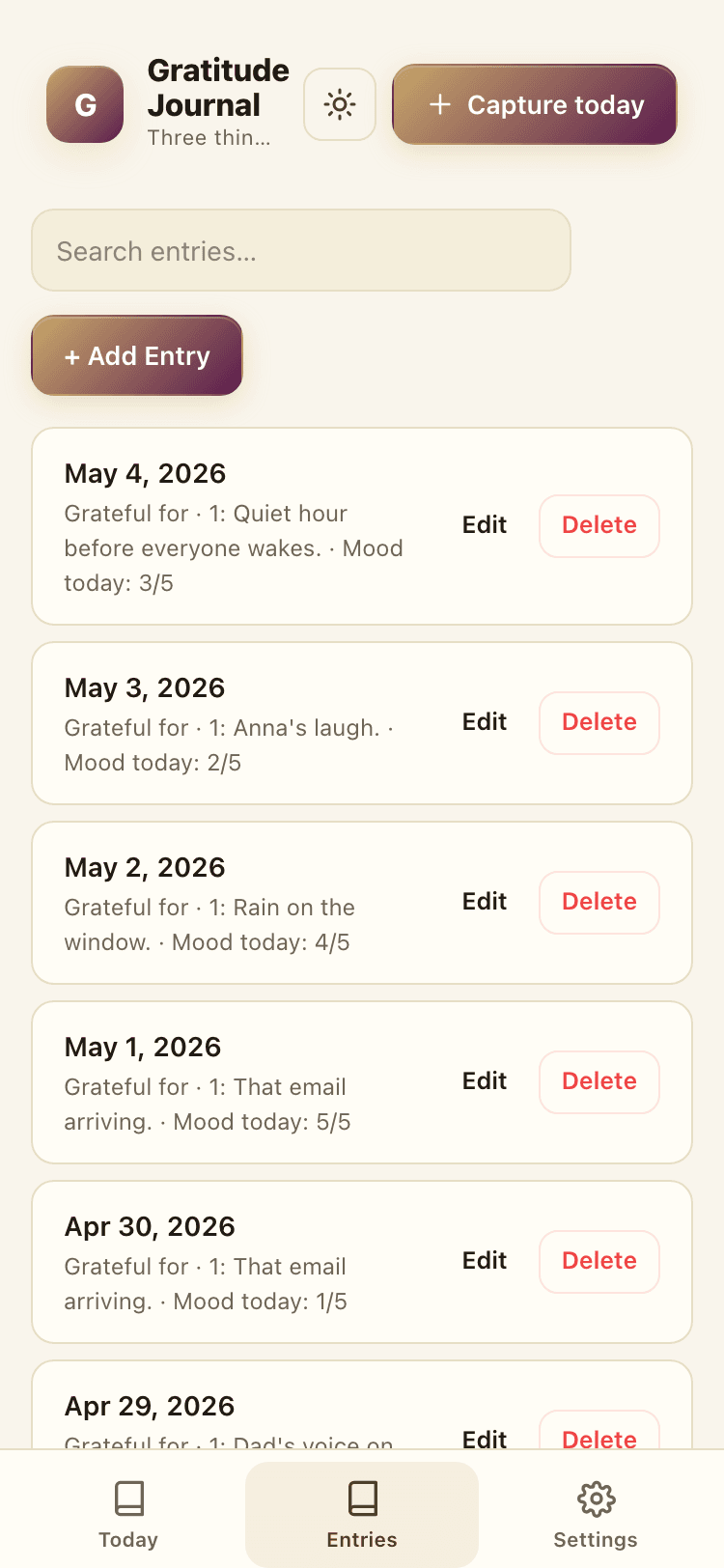 Entries screen
