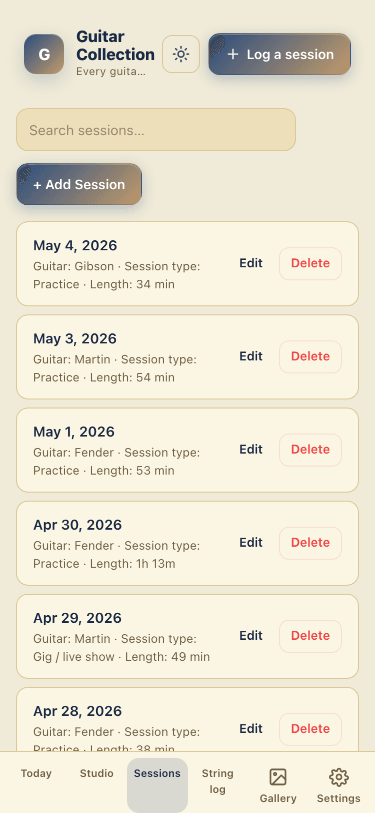 Sessions screen