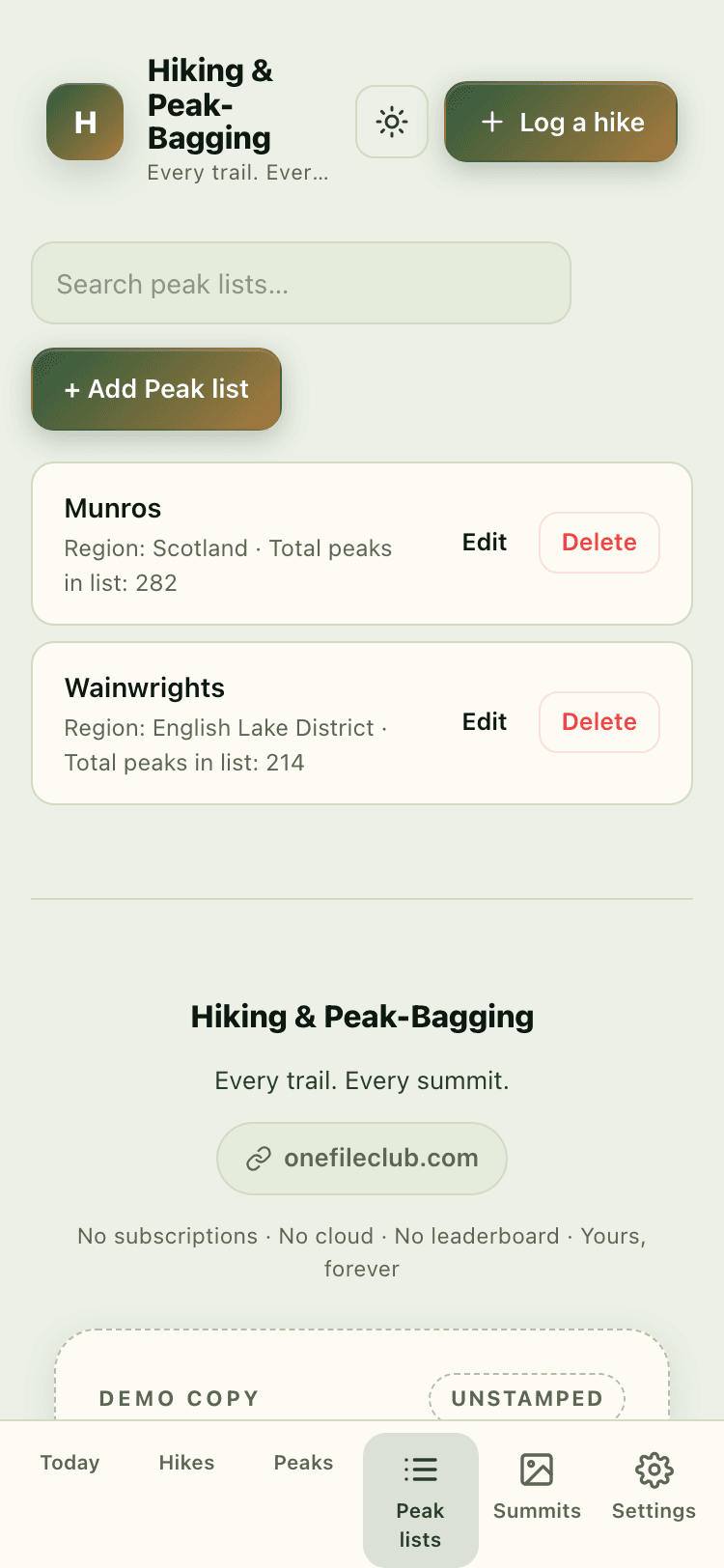 Peak lists screen