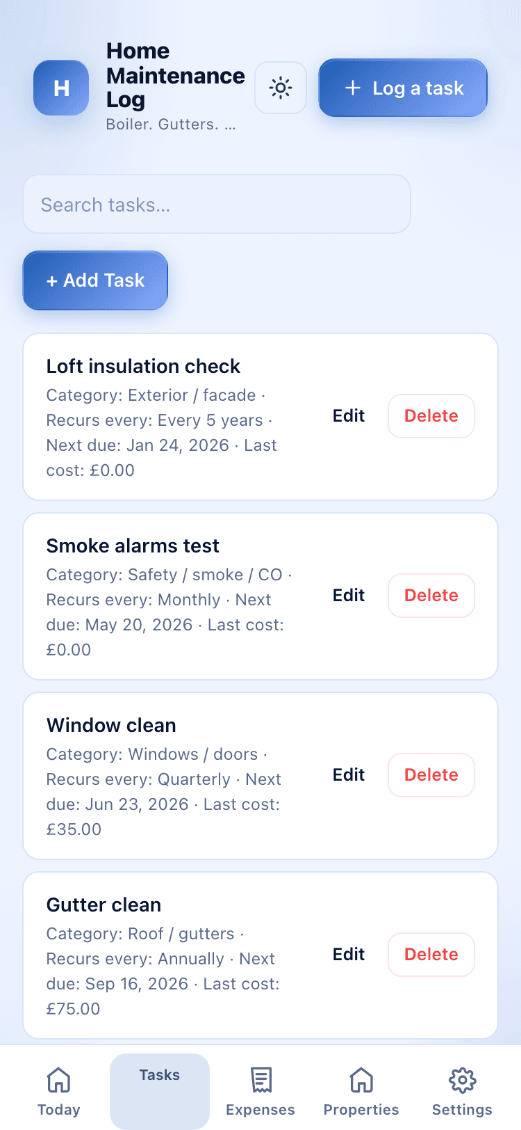 Tasks screen
