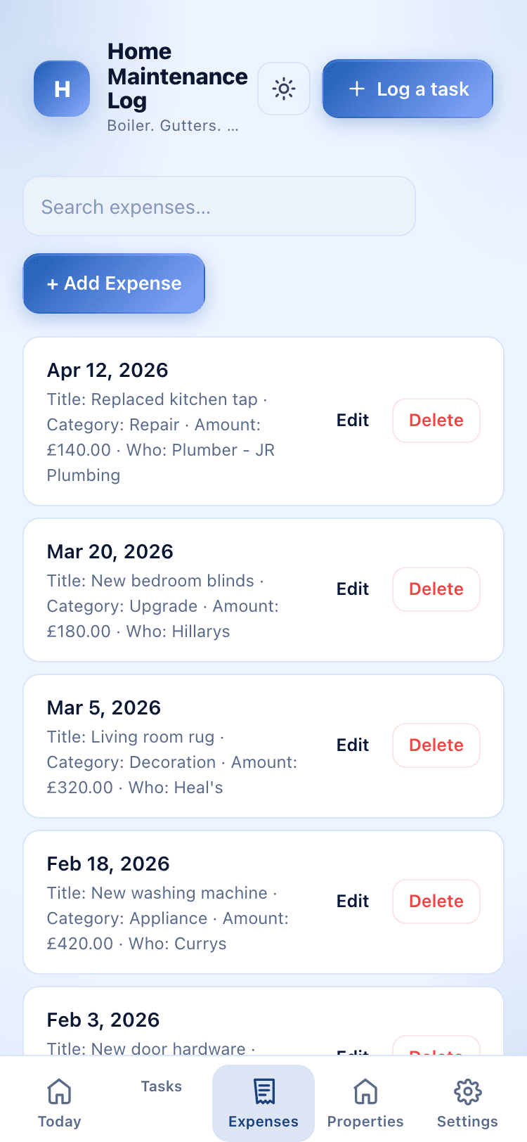 Expenses screen