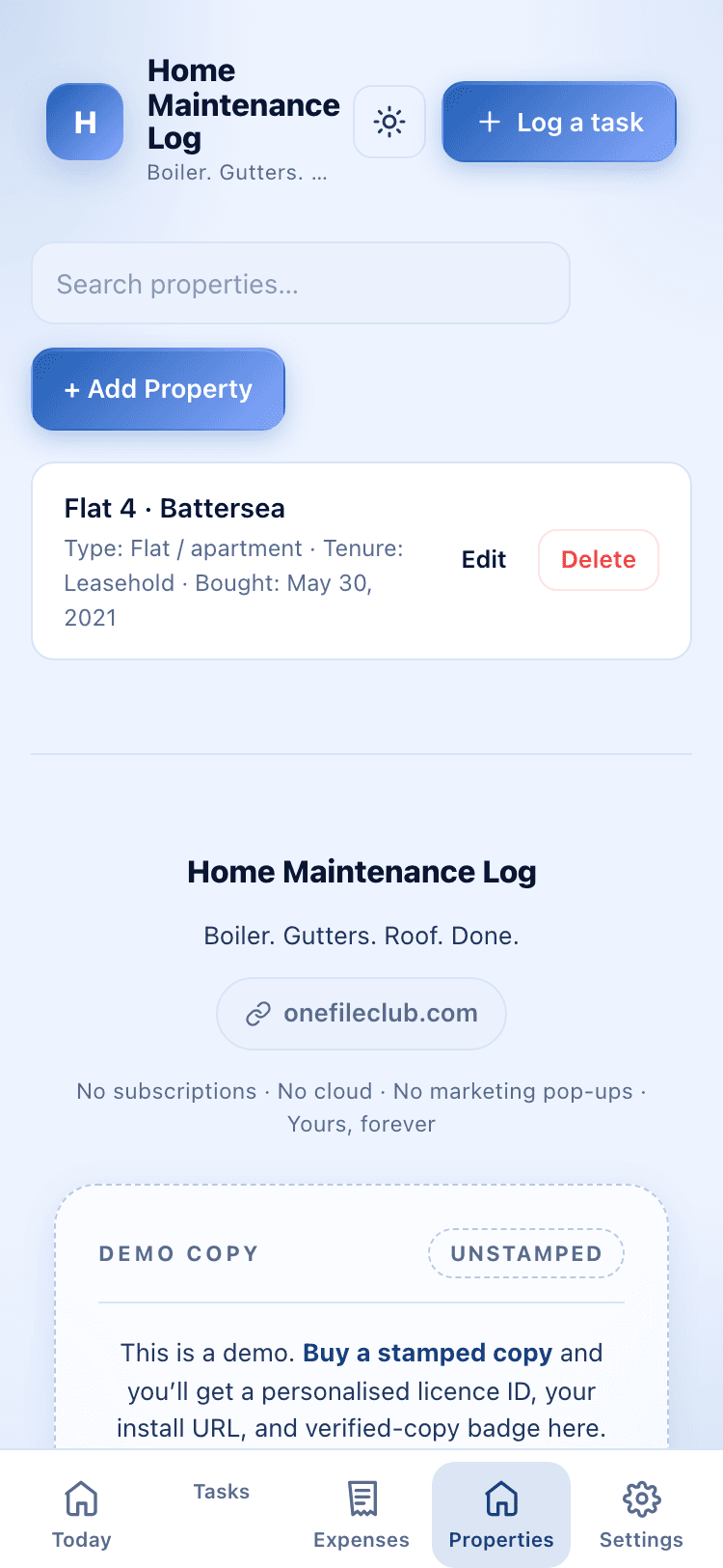 Properties screen