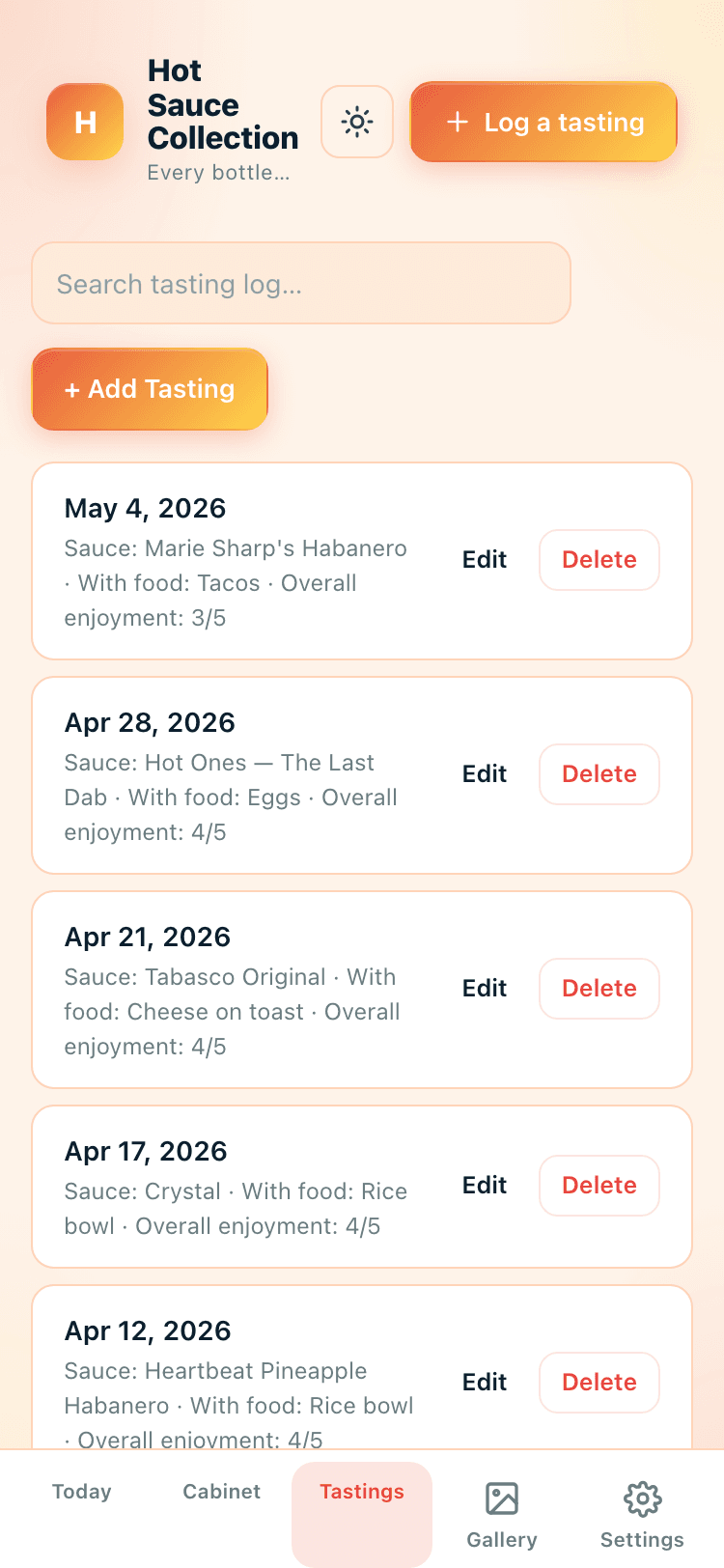 Tastings screen