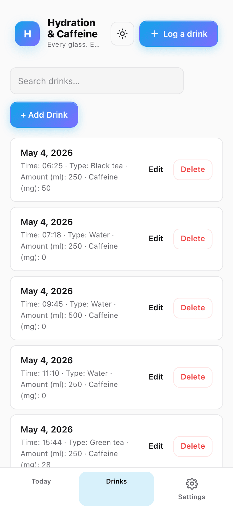 Drinks screen