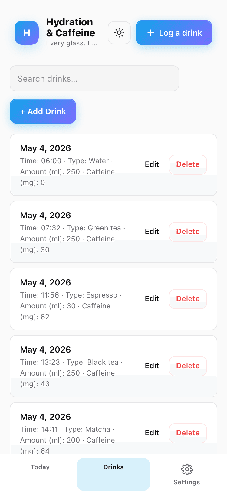 Drinks screen